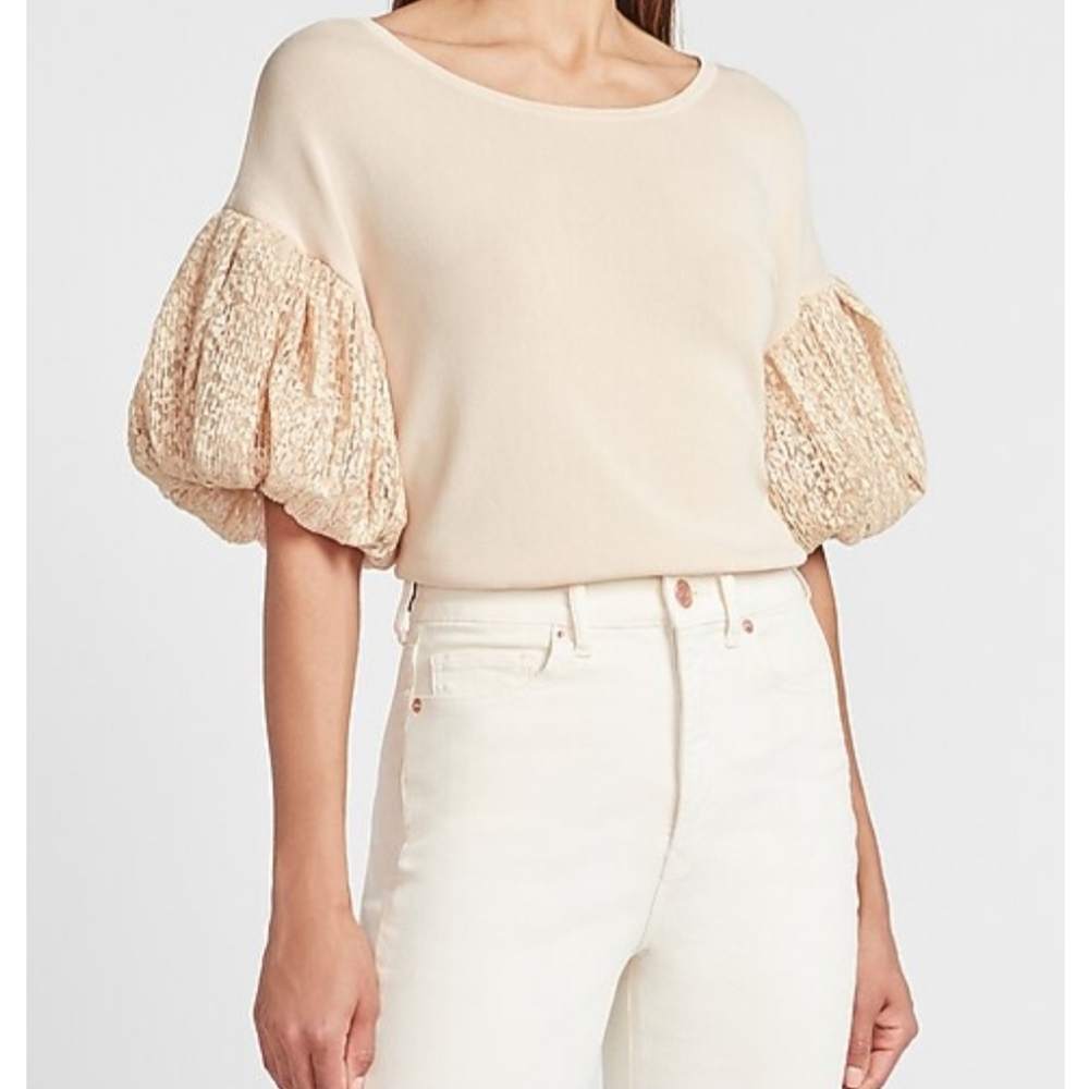 Express Knit Lace Poet Short Sleeve Pullover Sweater Women's Medium Beige Blush